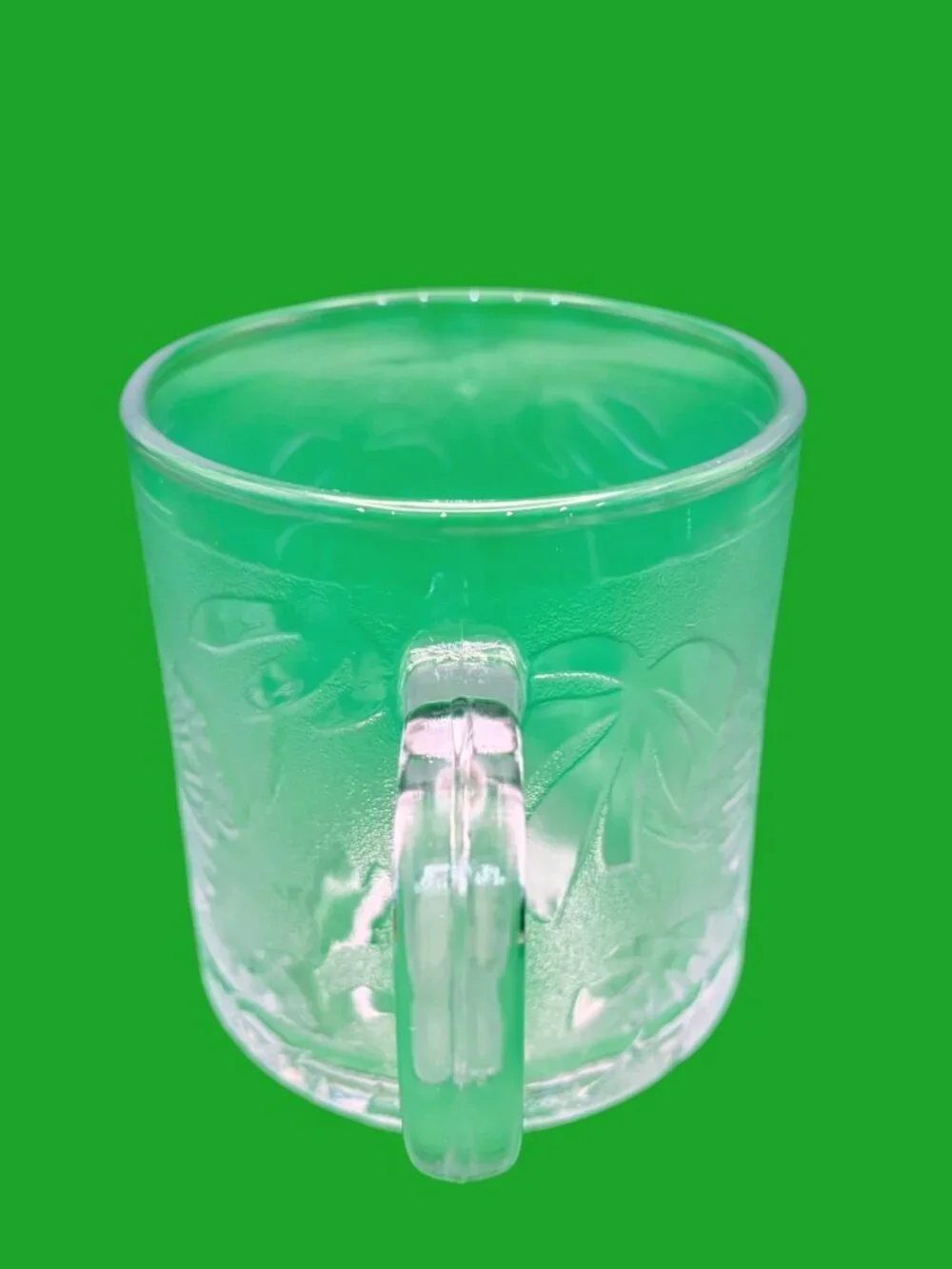 KIG Indonesia Clear Glass Hibiscus & Tropical Leaf Mugs | Vtg Press Glass Set\11